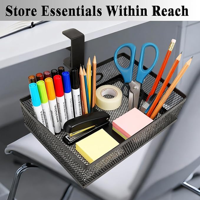 Under Desk Organizer with 360° Swivel, Clamp-On No Drill Installation, Sturdy Mesh Storage Drawer for Home Office, Pencils, Art Supplies and More (Black)