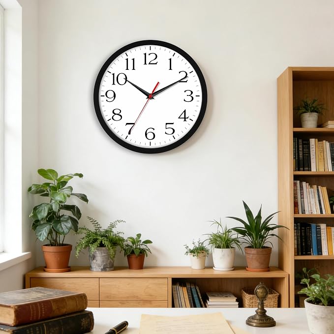 DAXSMY 14 Inch Wall Clock - Battery Operated, Silent Non-Ticking Analog Sweep Movement - Easy to Read Numbers for Home, Office, Kitchen, Classroom (Black)