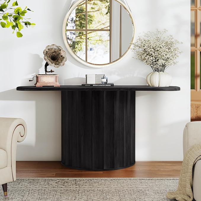 Fluted Console Table, 59'' Narrow Wooden Sofa Tables Behind Couch, Modern Entryway Table with Storage Curved Accent Table for Hallway, Living Room, Entrance, Foyer (Black)