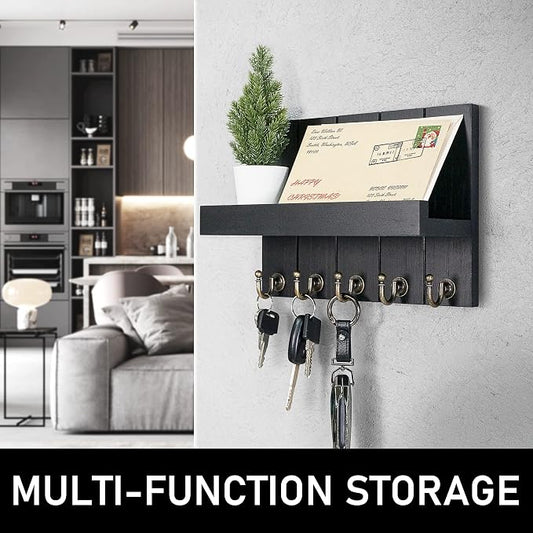 Rebee Vision Farmhouse Key Holder Wall Mount - Modern Key Holder for Living Room and Mail Organizer with Shelf & Hooks for Apartment Essentials - Home Decor Aesthetic (Black, 3.54"D x 10"W x 7.28"H)