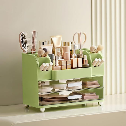 HBlife Makeup Organizer for Vanity with Brush Holder, Large Bathroom Countertop Cosmetic Organizer Skincare Storage, Easy to Store Lipsticks, Nail Polishes, Perfumes, Eyeshadow Palettes, Avocado Green
