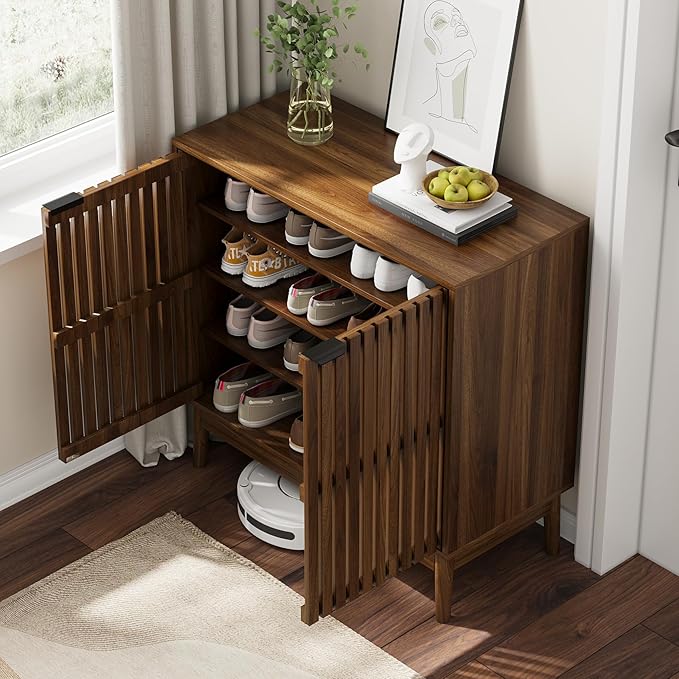 Shoe Storage Cabinet with Ventilated Slatted Doors, Wooden Shoe Organizer, Shoes Rack for Entryway, Hallway, Living Room