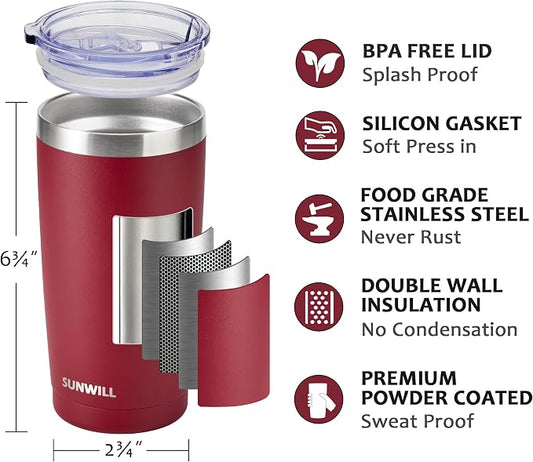 SUNWILL Travel Coffee Tumbler 20 oz, Insulated Mug with Lid, Stainless Steel Cup for Hot and Cold Drinks, Powder Coated Wine Red