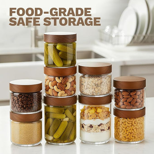 Bumobum 8 oz Glass Mason Jars with Lids, Small Glass Container with Acacia Wood Airtight Lid, Wide Mouth Canisters for Chia Pudding Loose Tea Coffee Salad Snacks Yogurt Spice, 4-Pack