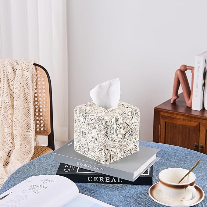 Tropical Leaves Vintage Wood Carved Square Tissue Box Cover Decorative,Tissue Box Holder, Facial Paper Holder for Bathroom Vanity Countertop, Bedroom Night Stand,Office and End Table, Rustic White