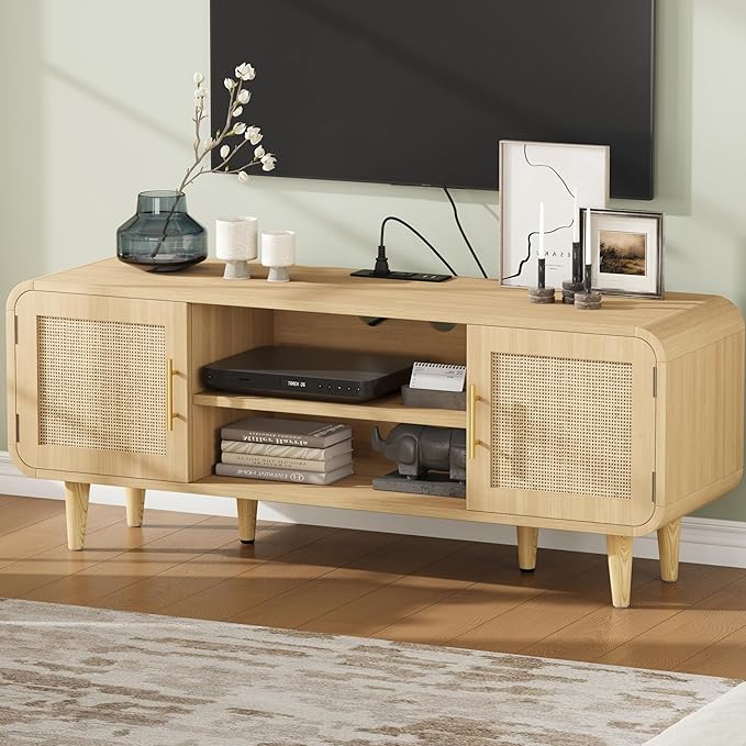 Keehusux Rattan TV Stand for 60 Inch TV, Entertainment Center with Charging Station & Solid Wood Legs, Adjustable Shelf & 2 Cabinet, Boho TV Console, Modern Media Console for Living Room, Natural Oak