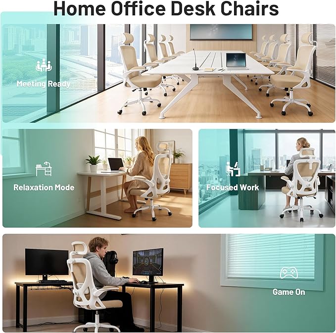 Office Chair - Ergonomic Desk Chair Breathable Mesh Chair with 2D Headrest & Adjustable Lumbar Support - Executive High Back Rolling Swivel Computer Gaming Chair with Wheels Flip-up Armrests