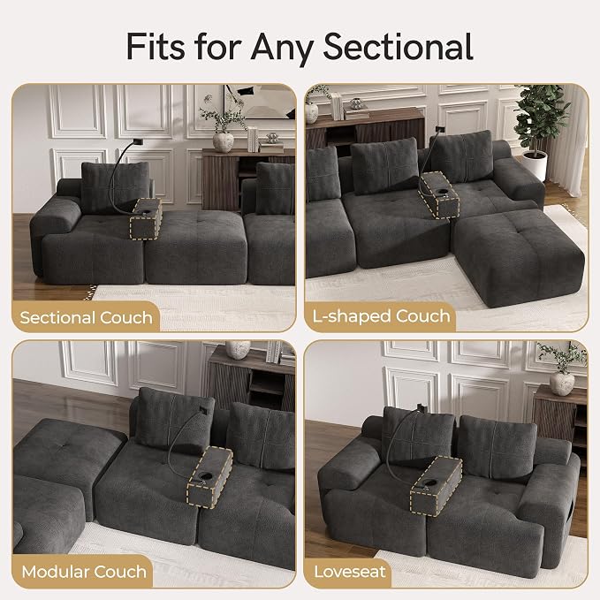 Multifunctional Couch Caddy Sofa Armrest with Couch Cup Holder, Charging Console, Phone Holder, Storage 20.3'' Removable Dark Grey Chenille Sofa Arm Rest Caddy Organizer for Sofas Couches