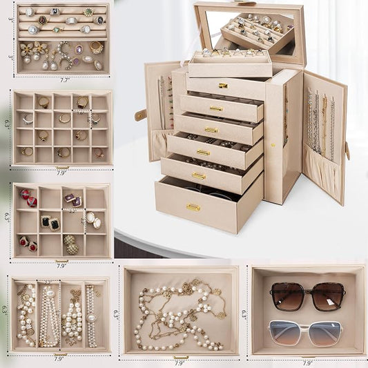 AKOZLIN 6-Tier Jewelry Box Organizer Functional 5 Drawers Leather Jewelry Storage Case for Women Girls Ring Necklace Earring Bracelet Holder Organizer with Mirror Extra Large Champagne