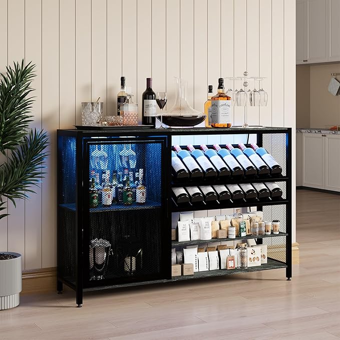 48" Wine Bar Cabinet with Power Outlet, Industrial Coffee Bar Cabinet with LED Strip, Liquor Bar Cart with Wine Rack and Glass Holder for Living Room Dining Room Kitchen, Rustic Grey