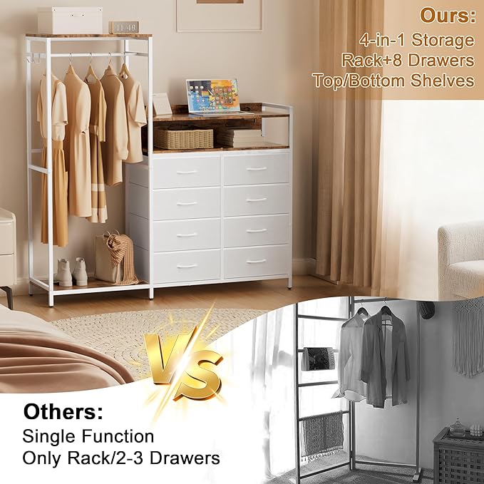 Dresser with Clothes Rack,58" H Clothing Rack with Fabric Drawers & LED Lights,Clothes Racks for Hanging Clothes,8 Drawers Dresser,Garment Rack for Bedroom with Charging Station,White