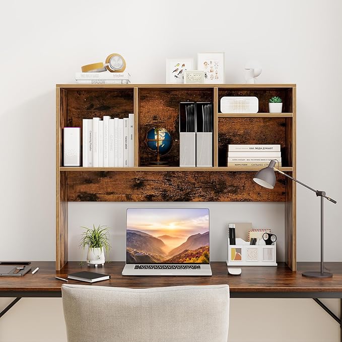 LDAILY Desktop Bookshelf, 2-Tier Office Desk Shelf Organizer with 4 Shelves, 37’’L Wood Storage Rack Display Shelf for Computer Desk, Office, Dorm, Bedroom (Coffee)