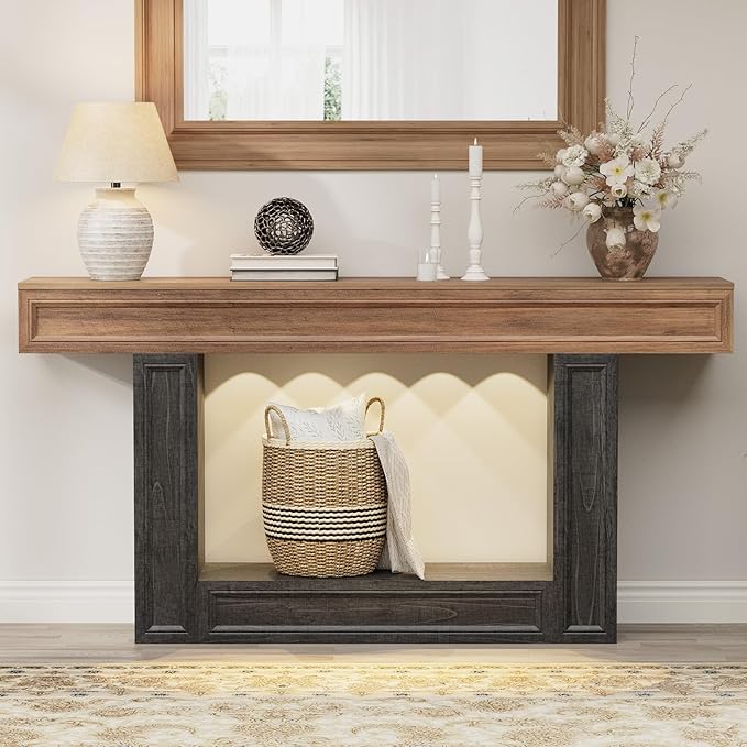 Rresyet 63" Console Table, 2-Tier Entryway Table with Sensor Lights, Coffee Table Behind The Sofa, with U-Shaped Base Suitable for Entryways, Living Rooms, Corridors, and Foyers(Wood)