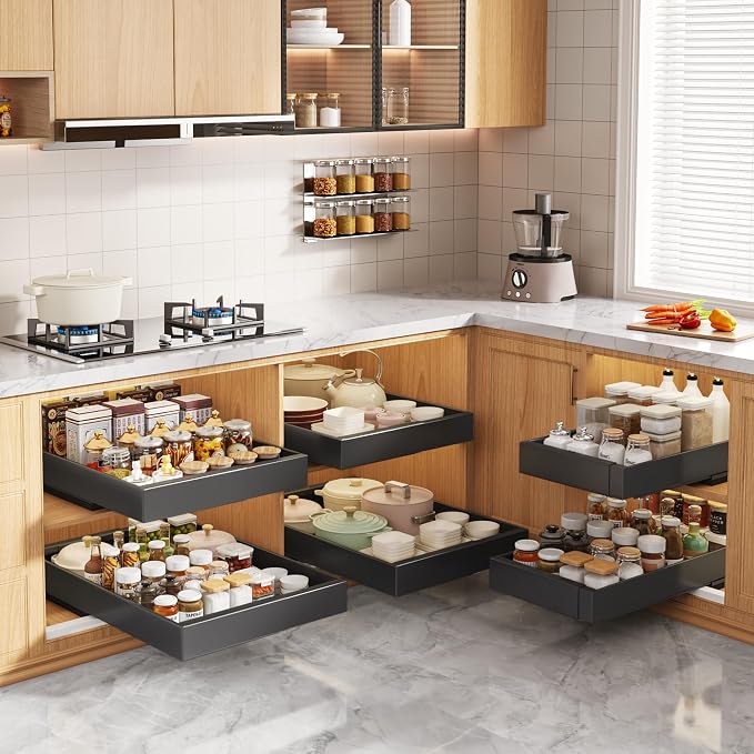 Seinloes 4 Pack Pull Out Cabinet Organizers 21" Deep With Raising Pad for Framed Cabinets, Expandable Width (9"-14") Slide Out Drawers Upgrade 3 Slide Rails, Roll Out Shelves Adhesive, Black