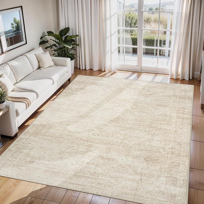 5x7 Area Rugs for Living Room Rug Washable: Abstract Rug for Dining Room Bedroom Carpet Non Slip 5 by 7 Indoor Modern Nursery Home Office Beige