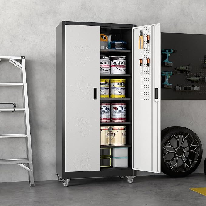 Garage Storage Cabinet with Wheels & Pegboard, Lockable Metal Storage Cabinet with Doors and 5 Adjustable Shelves for Garage, Home, Storage, Assembly Required, Black and Silvery, 71" H×34" W×18" D