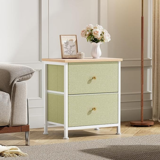 DUMOS Nightstand Small Dresser with 2 Fabric Drawers Side Tables Bedroom End Table Kids Bedside Storage Furniture for 20 inch Tall Night Stand for Closet, Entryway, College Dorm, Light Green