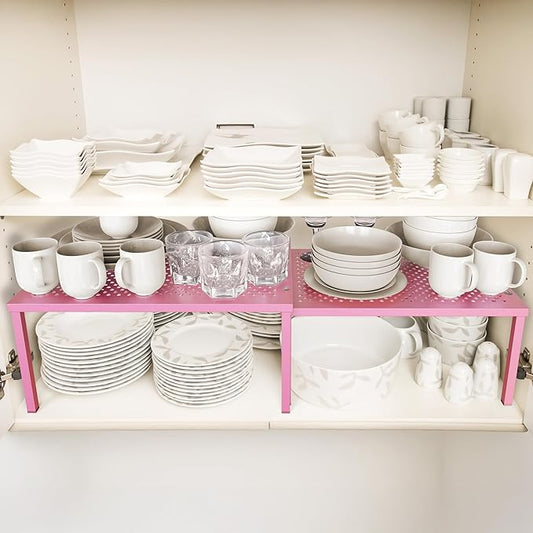 Simple Houseware Expandable Stackable Kitchen Counter Shelf Organizer, Pink, Metal Top, 11.25 in L x 7.9 in W x 5.4 in H