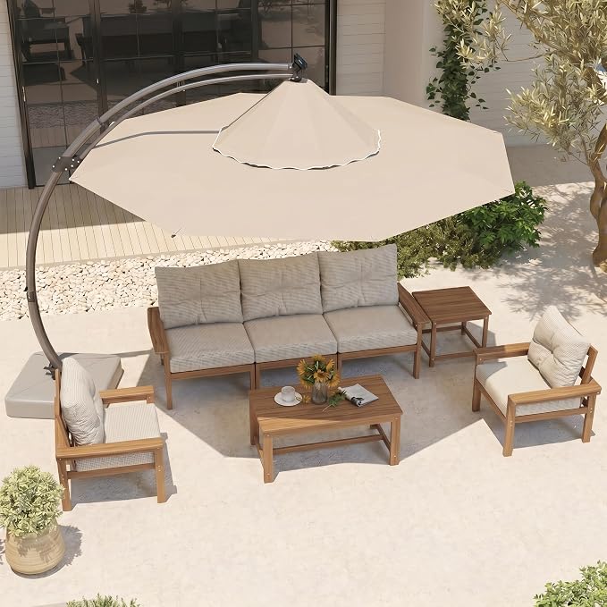 HDPE Outdoor Patio Furniture Set, 7-Piece Patio Conversation Sets with Coffee Table & Side Table & Beige Washable Thick Cushions, Outdoor Sofa for Balcony, Porch, Poolside (Teak Frame)