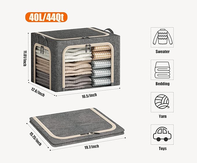 3 Openings Clothes Storage Bins with Metal Frame, Foldable Storage Bin for Clothes, Clothing Storage Bins with Lid, Linen Storage Box With Clear Window& Zippers& Durable Handles.(3 Pcs,Dark Grey,40L)