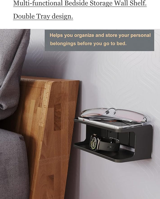 Bedside Wall Shelf Organizer Small Bedside Shelf Wall Mount for Bed Universal Stick on Wall Shelf Double Tray Holder for Storing Cellphone, Glasses, Keys, Camera, Alarm Clock (Black)