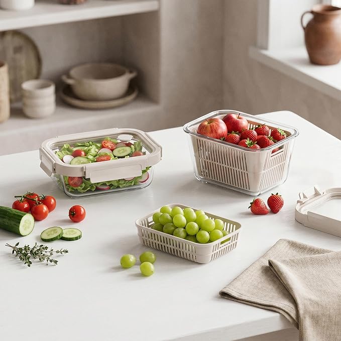 GENICOOK Glass Fruit Storage Containers for Fridge, 2 Pack Produce Containers with Removable Colanders & Vent Glass Lids, Airtight Fruit & Vegetable Storage, BPA Free Borosilicate Glass