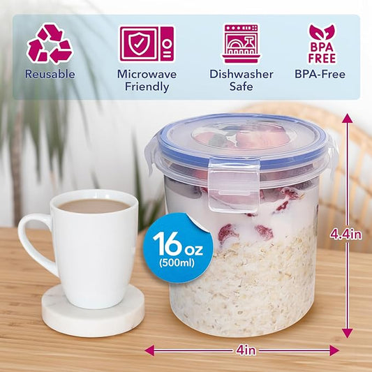 Overnight Oats Container with Lids (4-Piece set) - 16 oz Plastic Containers with Lids - Oatmeal Container to go | Portable Cereal and Milk Container on the go | Airtight Snap Lock Storage Jars