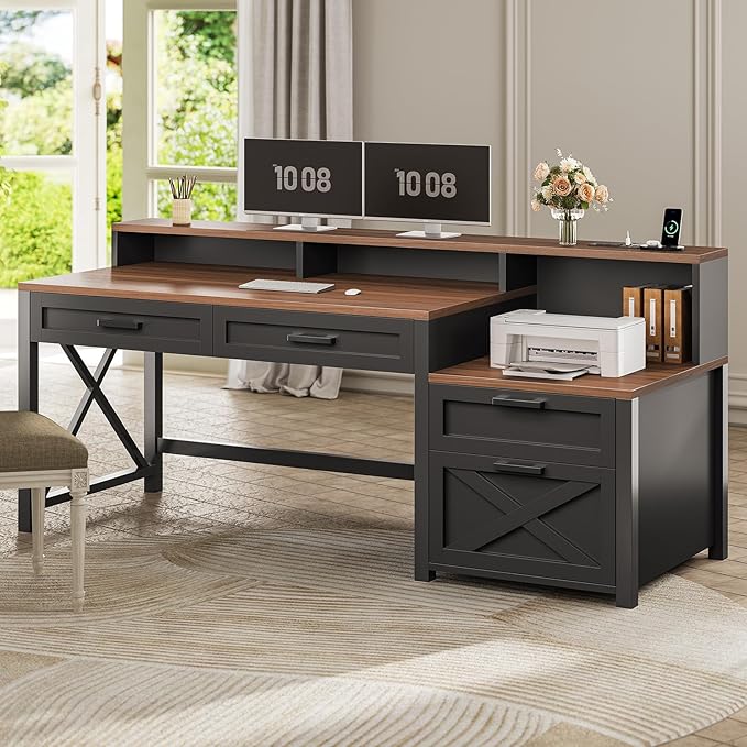 SEDETA Farmhouse Home Office Desk with File Drawer & Power Outlet, Computer Desk with 4 Drawer, Storage Shelves, Printer Cabinet and Monitor Shelf, Gaming Desk with Led Lights, Black Brown