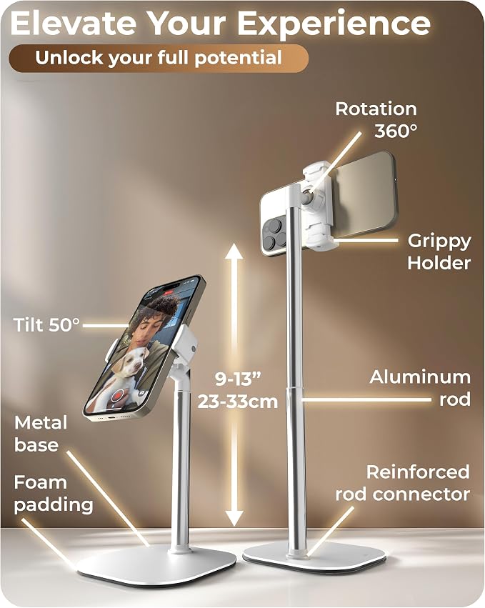 COOPER ChatStand, Adjustable Cell Phone Stand for Desk, Phone Stand for Recording, iPhone Holder for Filming, Small Tripod for iPhone, Fits Samsung, Android Smartphones, (Frost White)