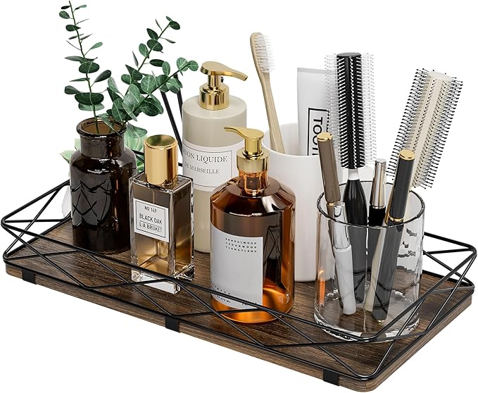 Toilet Paper Basket Holder, 13" Bathroom Tray Countertop, Wood and Metal Toilet Tank Tray Bathroom Vanity Organizer for Toiletry, Kitchen Sink Organizer for Soap Dispenser (Brown+Black)