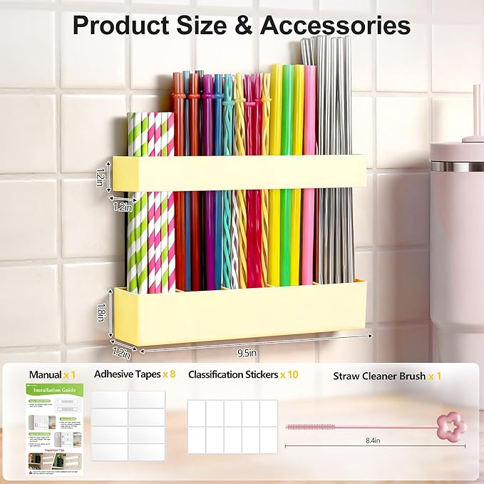 Straw Holder for Cabinet Door, 9.6” Adjustable Two-Part Large Acrylic Straws Organizer with Ultra Sticky Adhesive Strips, 2025 Reusable Straw Storage for Kitchen Cupboard (Milky Yellow)