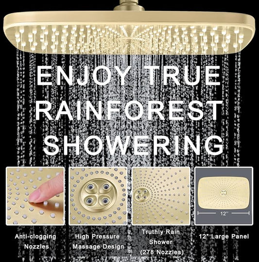 BOZYBO Rain Shower Head with Handheld: High Pressure Shower Heads with Handheld Spray Combo, 12" Rainfall Shower Head and 9 Sprays Hand Showerheads with Magnetic Docking and Power Jets, Gold 1.75GPM