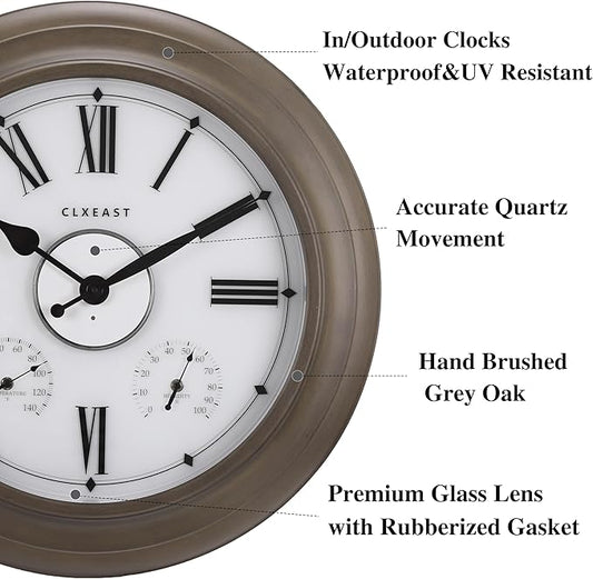 CLXEAST Illuminated Outdoor Clocks Waterproof 24 Inch with Smart Sensor, Large Metal Wall Clocks with Temperature and Humidity for Living Room Decor,Garden Patio,Grey Oak/Faux Barnwood Finish