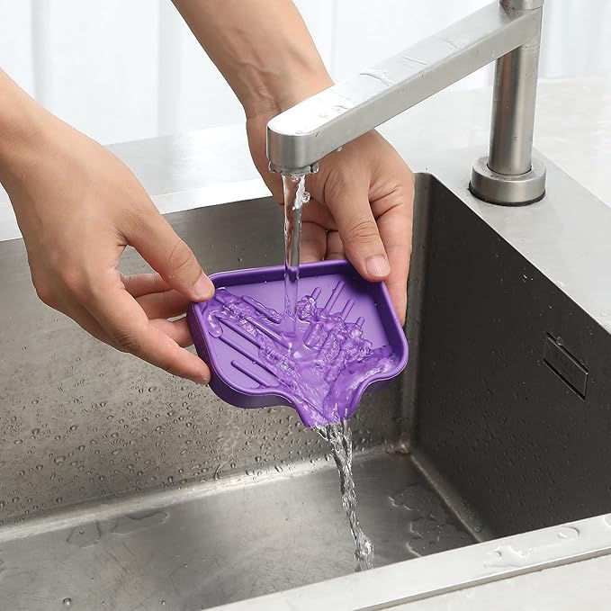 MicoYang Silicone Soap Dish with Drain Spout, Self-Draining Sink Organizer Tray for Bathroom and Kitchen, Sponges, Dispensers and Soap Holder, Non-Slip and Dishwasher Safe, Purple (Compact, 4.9"×3.2")