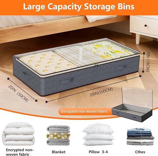 90L Under Bed Storage Containers,2-Pack Closet Organizers and Storage Bins,for Organization and Storage Clothes, Shoes, Blankets & Pillows,Visible Transparent Top Storage Bins with Lids, Grey