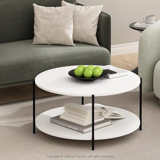 Furinno BESI Coffee Table, 2-Tier Round Modern Coffee Table with Metal Legs, Side Table with Open Shelf, for Living Room, Bedroom, Home Office, White