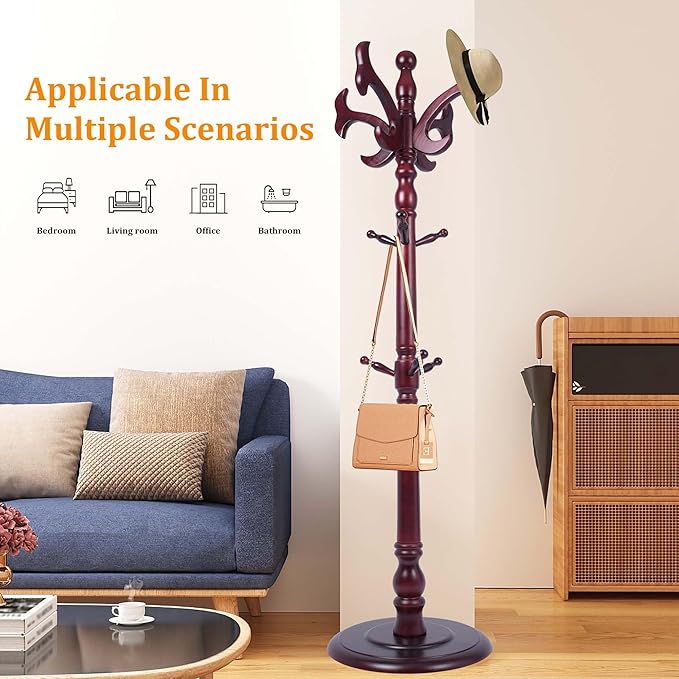 Wood Coat Rack Stand Heavy Duty, Coat Hanger Stand Height 72“ with Hooks, Coat Tree Freestanding for Entrance, Office, Living Room, Bedroom, Corridor