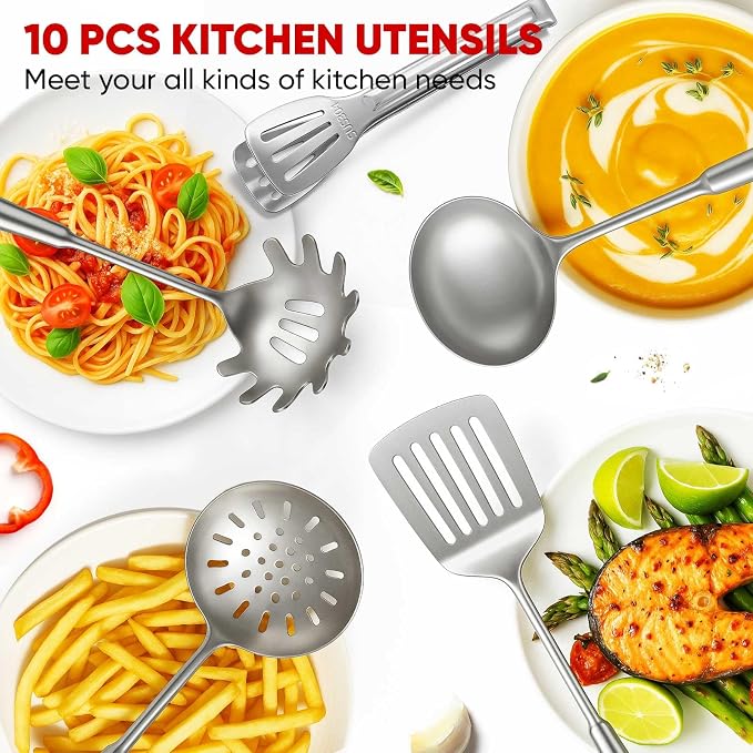 Newness 10 Pcs Cooking Utensils Set,18/8 304 Stainless Steel Kitchen Utensils Set, Metal Kitchen Accessories, Include Soup Ladle, Slotted Skimmer Spoon, Spaghetti Spoon, Spatula, Tongs,Dishwasher Safe