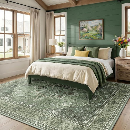 RELEANY Area Rugs 7'x10' Washable Non-Slip, Floral Vintage Distress Medallion Carpet for Living Room Bedroom Dining Room, Dark Green Gray