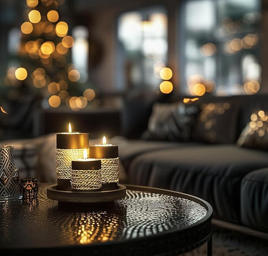IYARA CRAFT Tealight Candle Holders with Tray – Set of 3 Rustic Black Wooden Candle Holders with Natural Rope Accent, Cozy Centerpiece for Romantic Dinner Table Decor, Anniversary & Housewarming Gifts