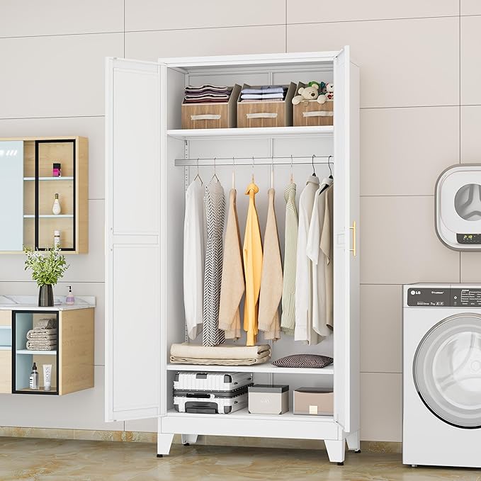 Metal Wardrobe Cabinet with Hanging Rod, 71" Metal Clothing Storage Cabinets with 2 Doors and Adjustable Shelves, White Armoire Wardrobe Closet for Bedroom, Laundry Room, Cloak Room