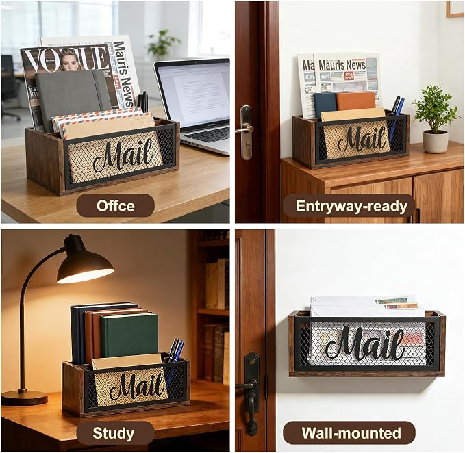 Mail Organizer Countertop, Rustic Farmhouse 2-Slot Wood & Iron Mail Holder, Retro Wall Mounted or Desk Entryway Letter Bill Envelope Sorter, No Assembly | Wood & iron, 11"×4"×4", holds letters, bills & magazines. Non-slip base, no sliding or scratching...