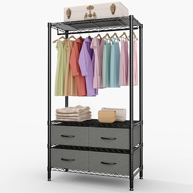 Heavy Duty Clothes Rack With 4 Fabric Drawers and Adjustable Shelves, Freestanding Clothing Rack with Hanging Rod for Hanging Clothes, 71.5" H x 35.2" W x 15.4" D