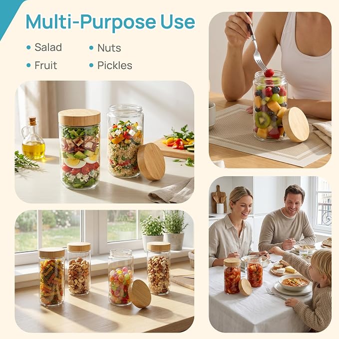 Vtopmart 4 Pack 24oz Glass Overnight Oats Containers with Bamboo Lids, Portable Wide Mouth Glass Jars Leak Proof, Reusable Glass Food Storage Containers for Yogurt Chia Pudding Salad Pickling Snacks