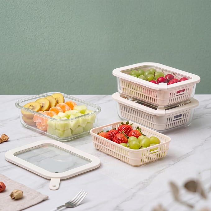 Urban Green Glass Food Storage Containers with Glass Lids, Microwave Safe Food Container Set, Aitight Meal Prep Container Set, BPA Free, 3 extra Colanders, LeakProof, 3 Pack of 35oz