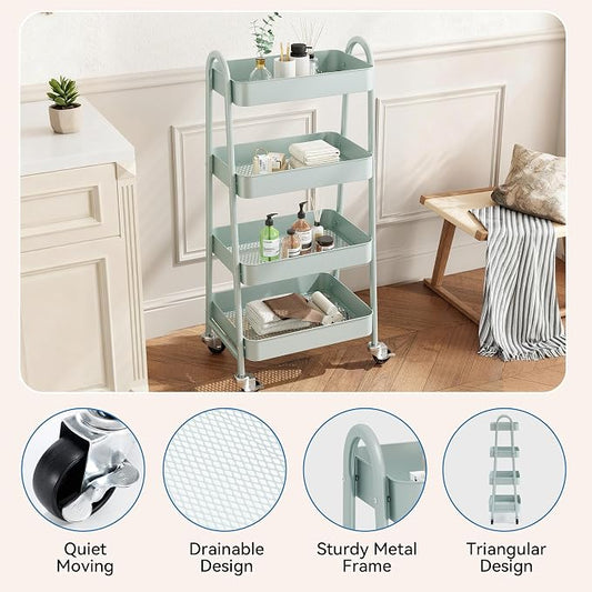 OLIXIS Metal 4 Tiers Utility Rolling Cart, Mobile Storage Shelf with Lockable Caster Wheels, Organization for Livingroom, Bathroom, Kitchen, & Narrow Places, 4-Tier Green