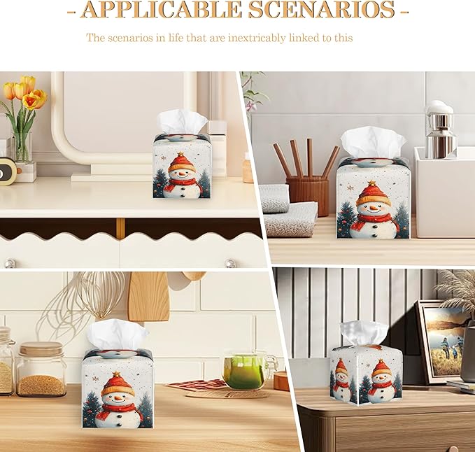 Christmas Snowman Tissue Box Cover Holder,Leather Tissue Case Holder Facial Paper Organizer Decorative for Tabletop Night Stands Desk Bathroom Kitchen Car Office Home Decor