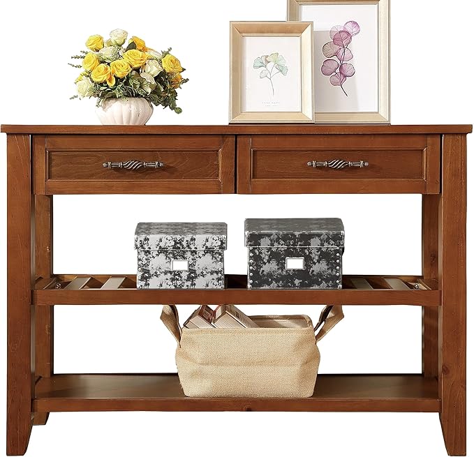 LKTART Solid Wood Console Table Entryway Table with Storage Drawers and Shelves Sofa Tables (42" Brown)