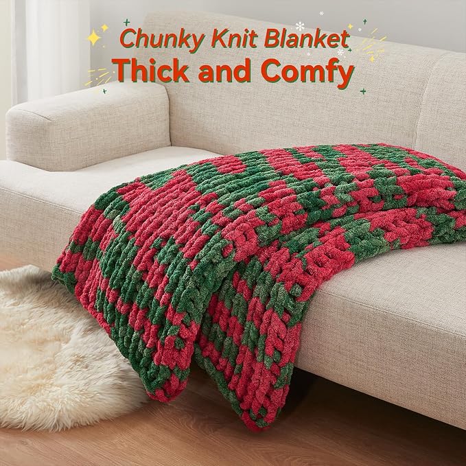 Negwoo Chunky Knit Throw Blanket, 40''*50'' Knitted Throw Chenille Yarn for Bed Couch, Handmade Stripe Crochet Big Thick Blanket, Machine Washable Cute Comfy Blanket for Home Decor