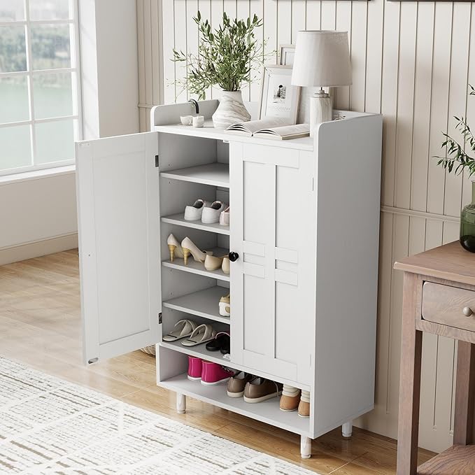 Farmhouse Shoe Cabinet with Doors, 6-Tier Wooden Shoe Organizer with Adjustable Shelves, Entryway Storage Cabinet with Metal Legs, Rustic Shoe Storage for Entryway or Living Room (White)